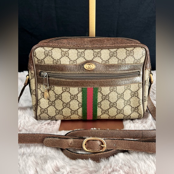 Gucci Vintage 1980’s Sherry Brown Canvas Web Shoulder Bag GG Authentic | COA - Picture 1 of 15